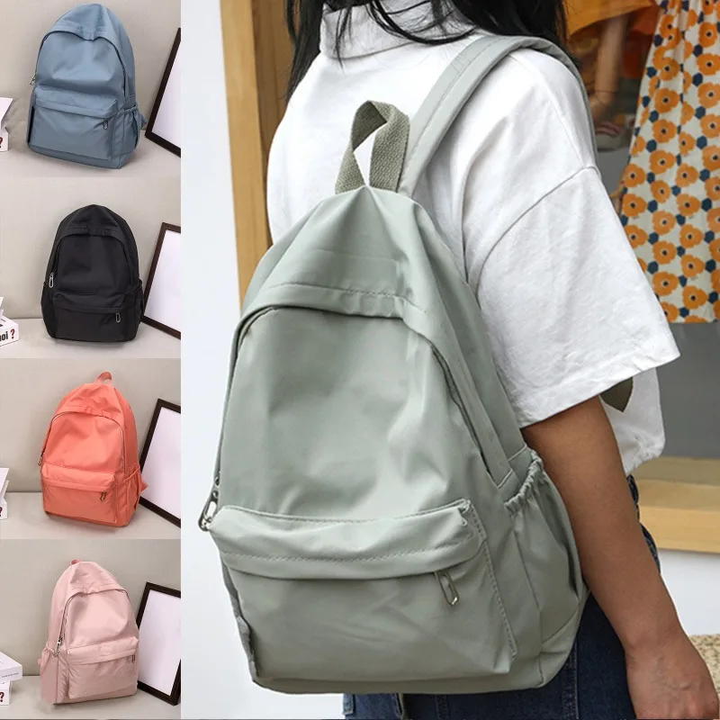 

Simple Solid Color Shoulder Backpacks Bookbags Nylon Large Capacity Travel Knapsacks Women Girls Student Daily Zipper Schoolbags