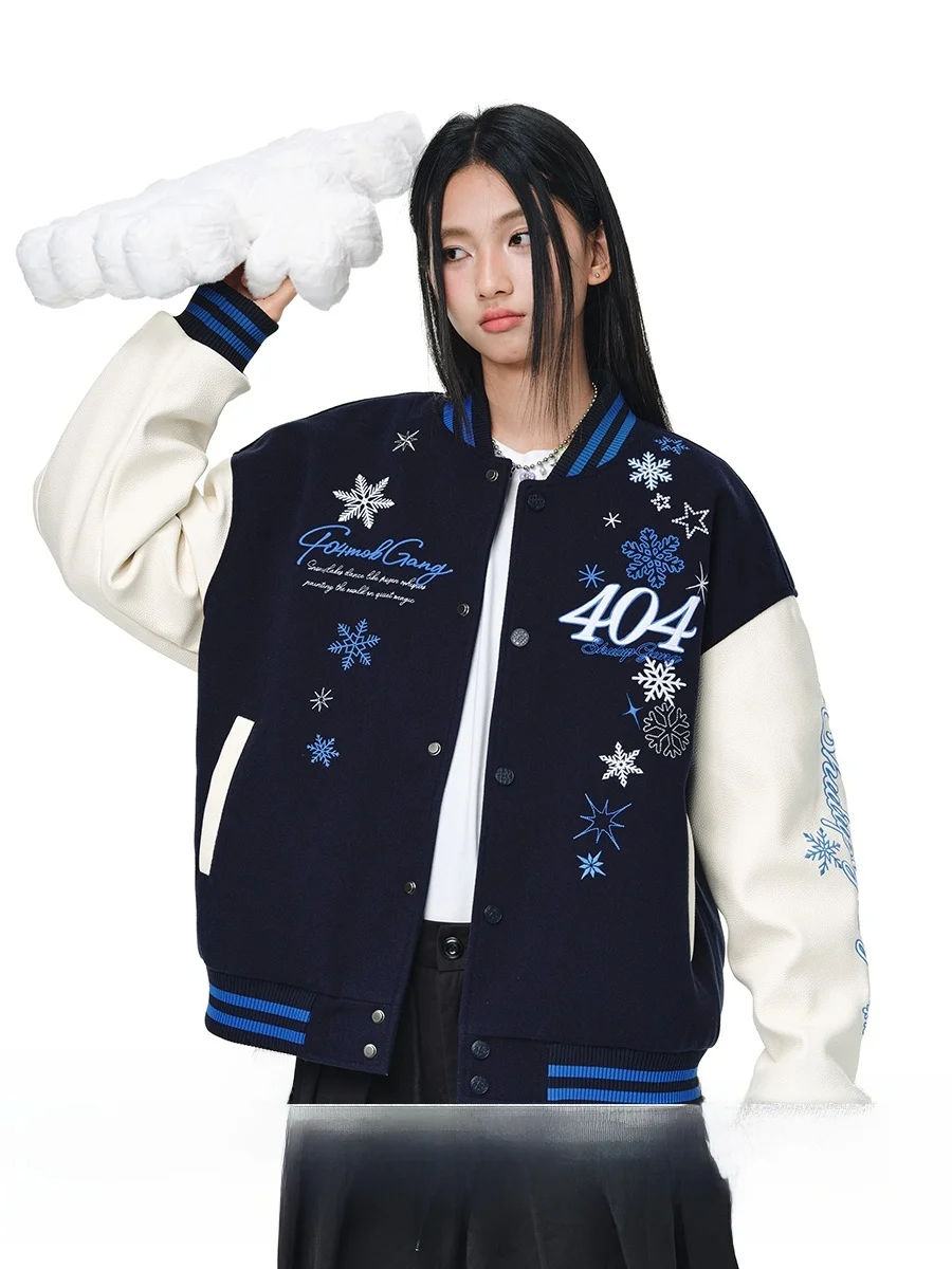 

Thiened Embroidered PU Leather Cotton Jaet Baseball Sle Outwear for Men And Women Casual Loose Fit Autumn Winter Coat