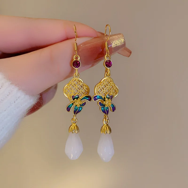Antique senior sense step by step lotus ear hook fashion retro pearl fringed lotus earrings enamel water drop ear hook