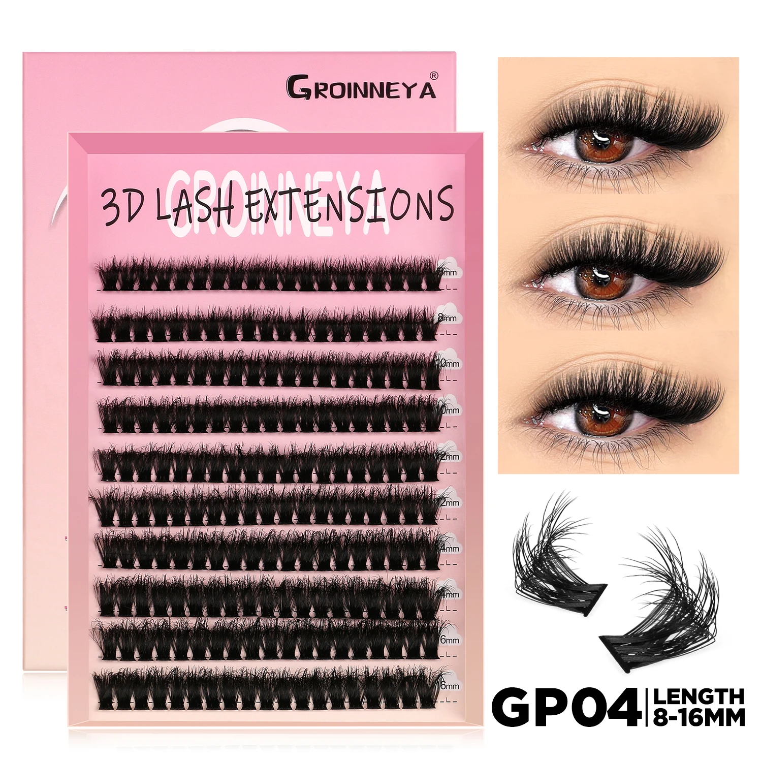 GROINNEYA Wimpern-Cluster, DIY-Wimpernverlängerung, gemischte Tablett-Cluster, Wimpern, flauschiges Volumen, einzelne Wimpern, Katzenaugen-Wimpernverlängerung