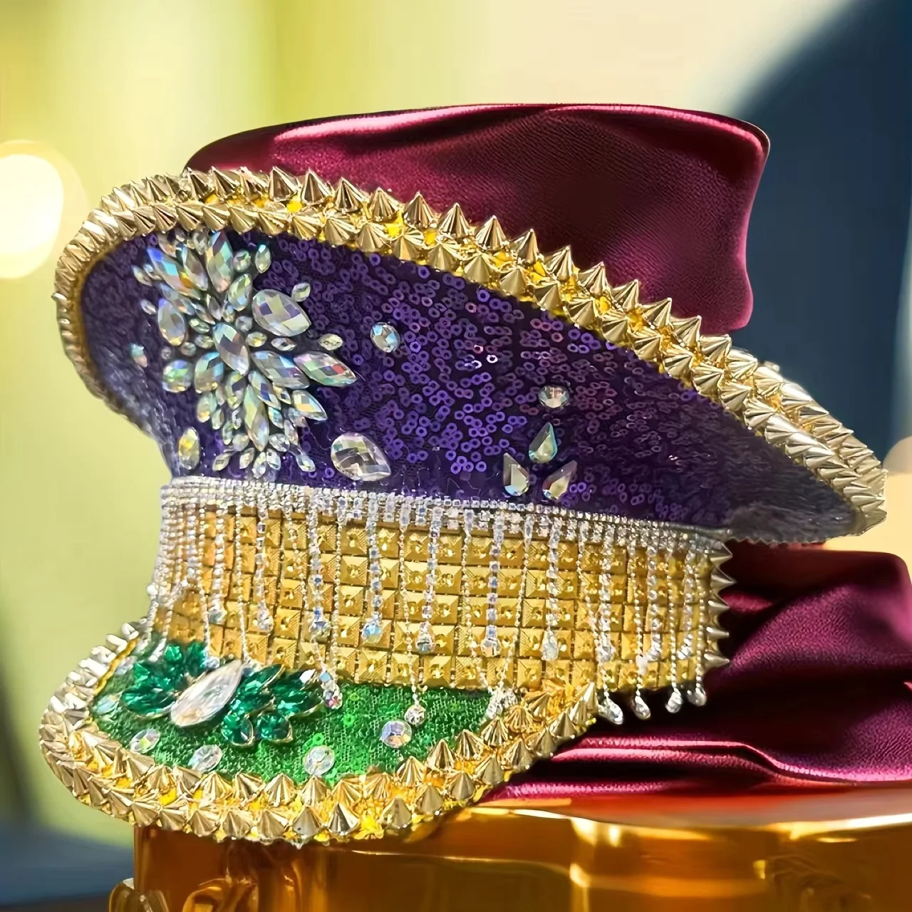 HongLuan Yellow Laser Leather Loop Captain Hat Rhinestone & Military Caps for Woman, Rave Festivals Accessories ＆ Party Cap Man