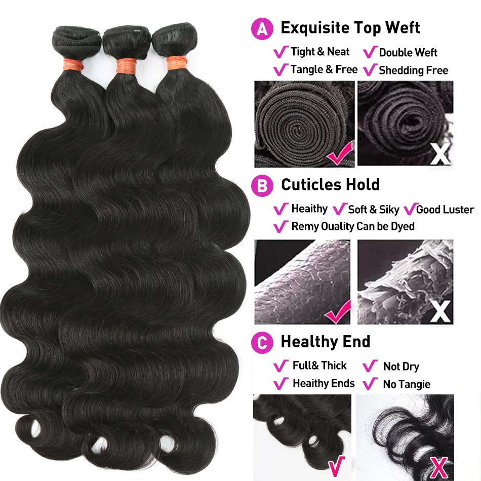 30 Inch Double Weft Body Wave Bundles Human Hair Wigs 100% Brazilian Hair Weave Closure Remy Human Hair Natural Black For Women