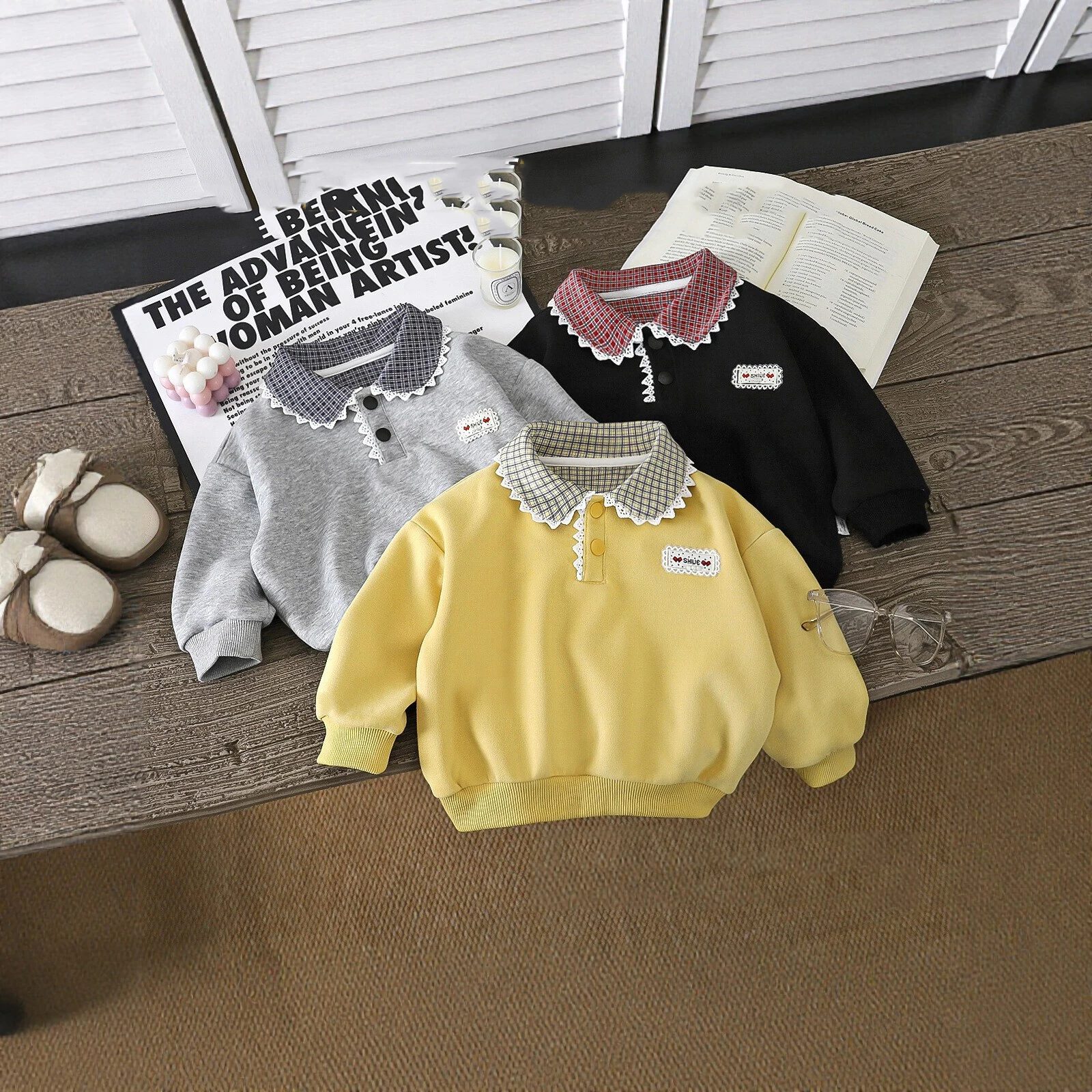 Bellbell Autumn Children Girls Sweatshirt Polo Plaid Collar Pullovers for Kids Baby Girls 2-8Yrs Baby Girls Sticker Long Sleeves