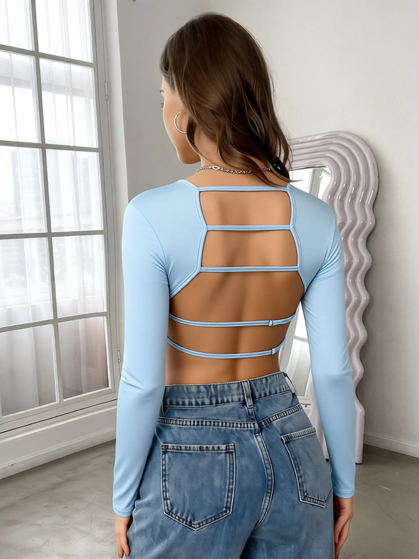Women's T-Shirt Spring Summer Light Blue Round Neck Long Sleeve Crop Slim Smooth Minimalist Chic Daily Casual Top