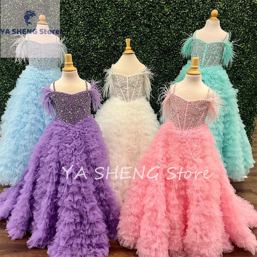 

Flower Girls Dress Ruffles Candy Color Girl Pageant Dress Feather Crystals Pearls Little Kid Birthday Formal Party Gown Infant