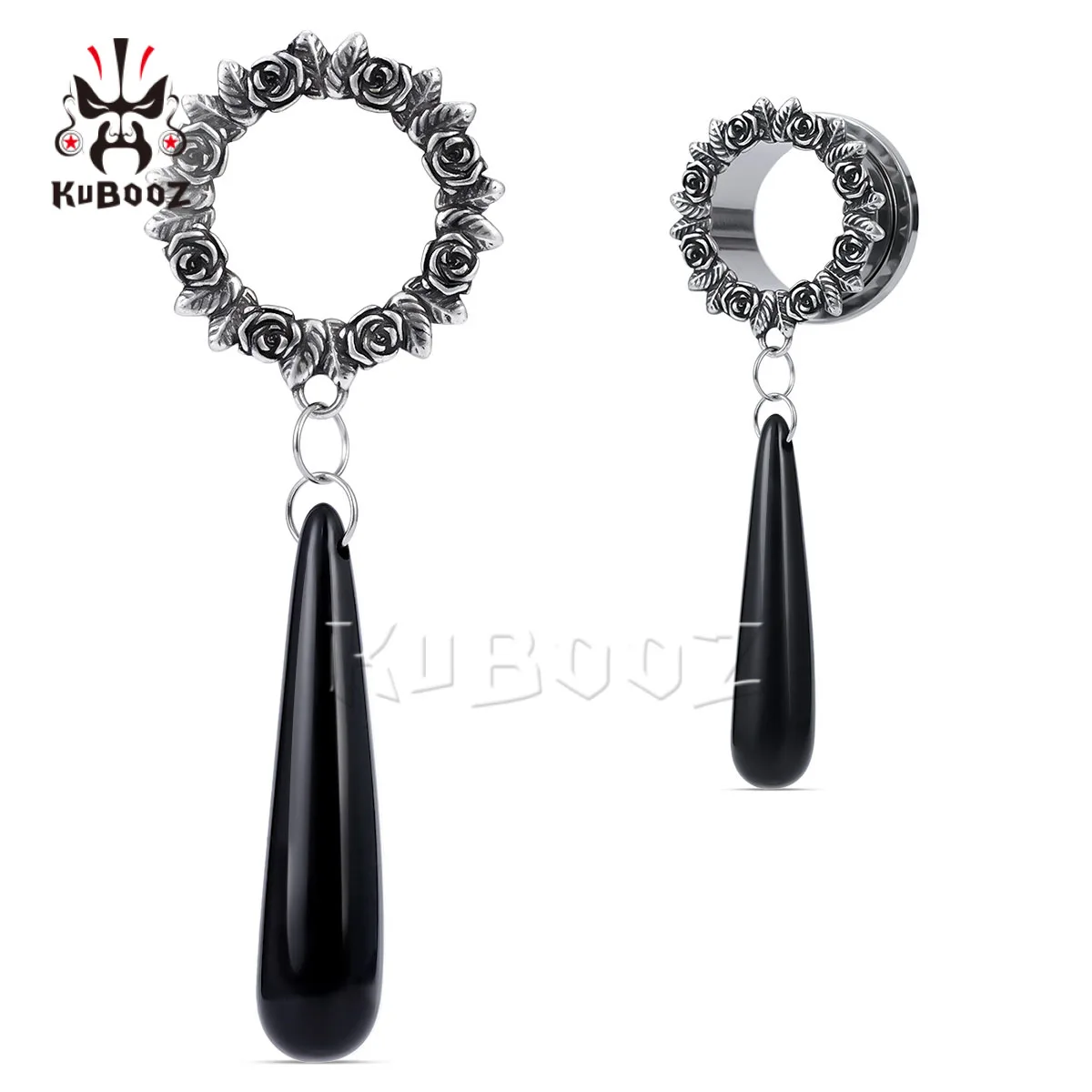KUBOOZ - Túneles y Plugs para Orejas con Diseño de Lágrima en Negro y Rosa, Expansores de Acero Inoxidable, Joyería para Piercing