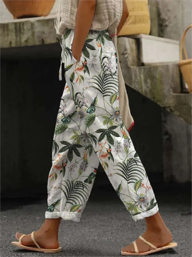Women Fashion Casual Floral Printed Pants With Drawstring Pocket Female Long Trousers 2025 Summer Nine Points Pant New Clothing