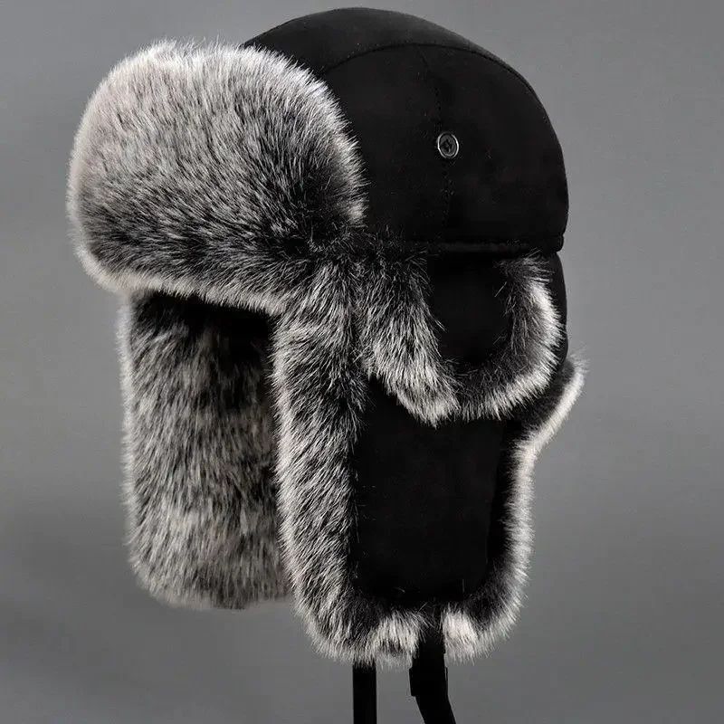 Winter Women Man Bomber Hat Russian Warm Thicken Rabbit Sheep Fur Earflap Hats  Leifeng Windproof Snow Ski Hat Black Bomber Cap