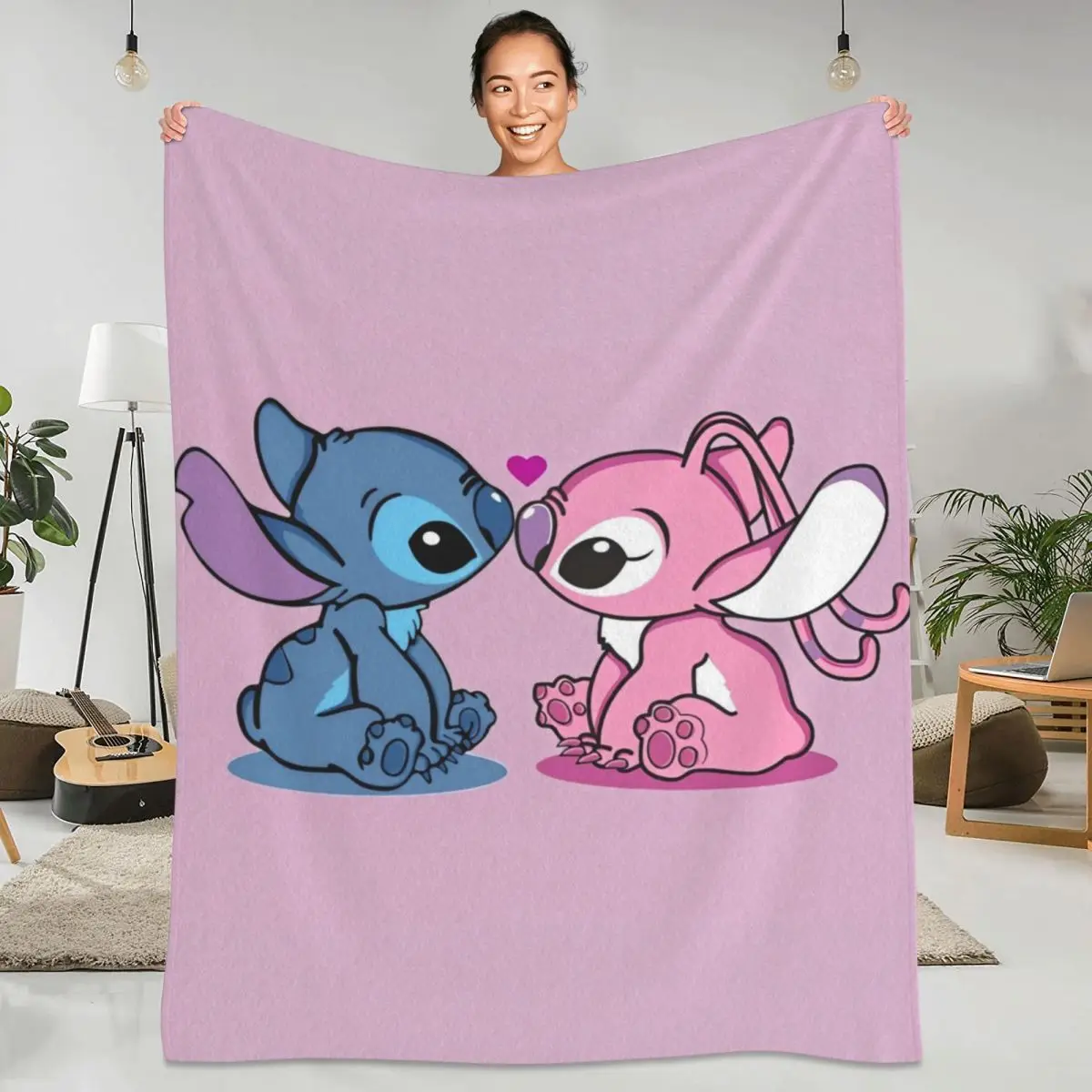 Kawaii Stitch And Angel Blanket Cute Cartoon Soft Plush Throw Blanket For Sofa Bed Travel Office Flannel Bedspread Bed Cover