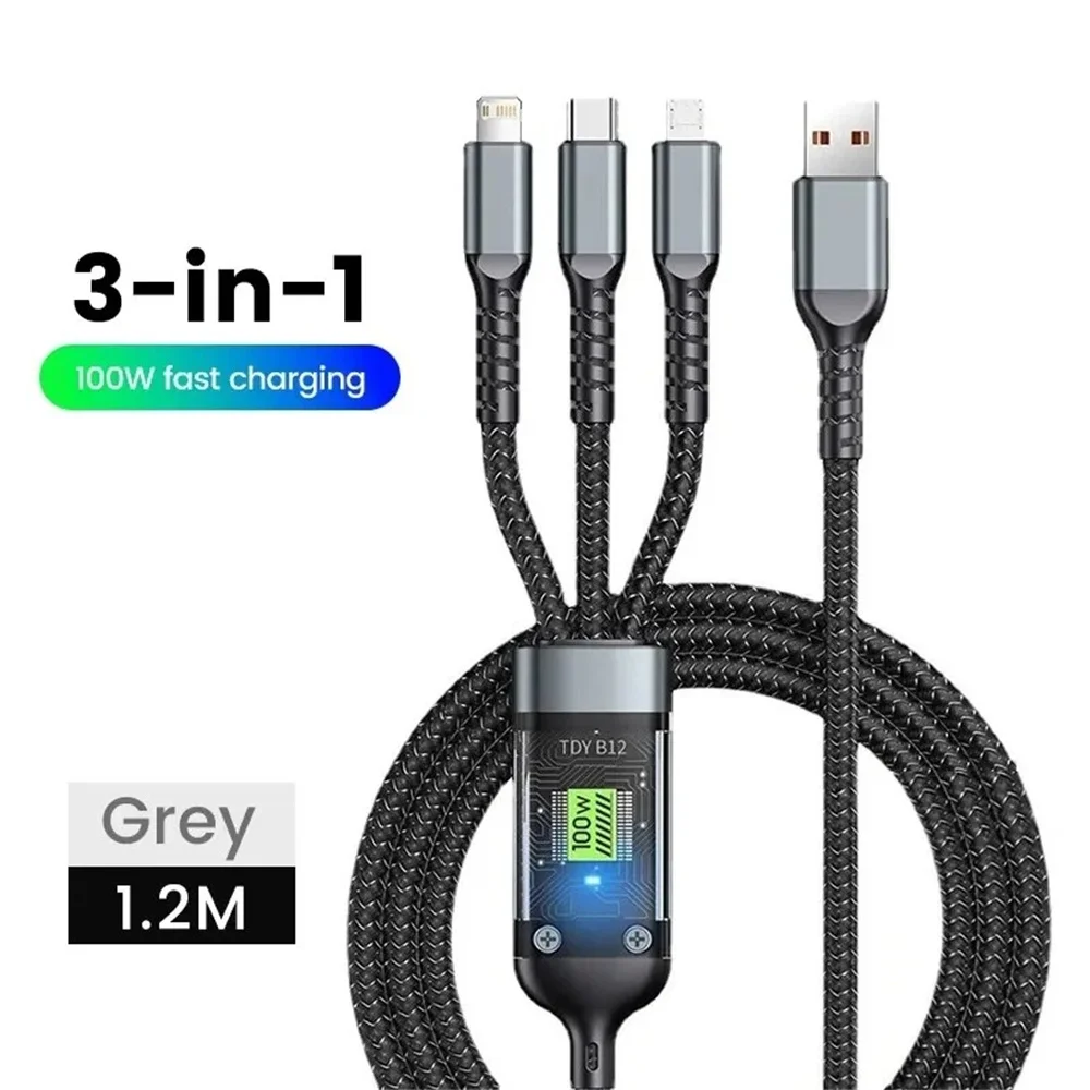 3 in 1 USB 100W Cable Fast Charging Charger Cable Accessories For iPhone Xiaomi Huawei Type C Charger Cable Multi Port Wire Line