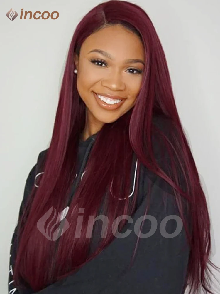 99J Rambut Lurus Peru Burgundy Gelap 13X6 Wig Renda Depan Wig Rambut Manusia Pra-petik Merah 13X4 Rambut Manusia Wig Renda Depan