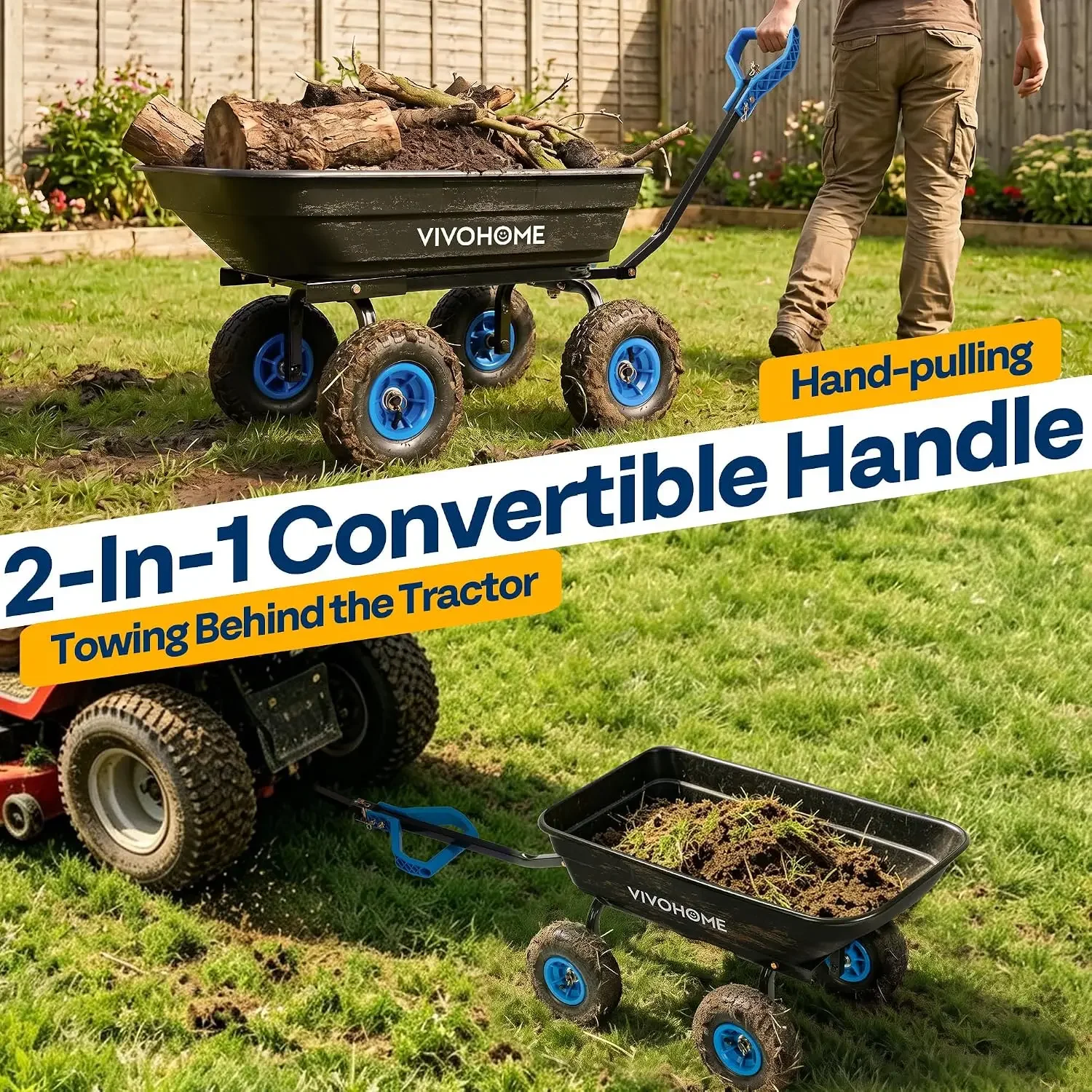 660lbs Wheelbarrow Dump Garden Cart with 2-in-1 Convertible Handle | Attach to ATV or Tractor, 10