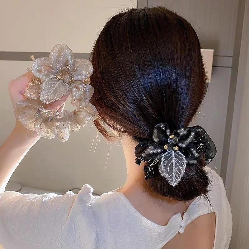 New Organza Flower Accessories Coletero Grande Para Cabello   Scrunchies  Резинки Для Волос  Crystal Hair Rope for Women\'s