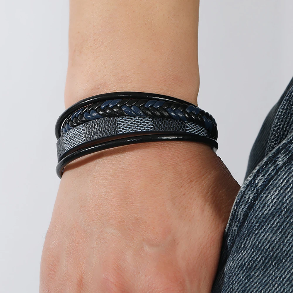 Leather Bracelet For Men New Leather Braided Bracelet Stripes, Alloy Magnet Buckle Multi-Layer Leather Bracelet