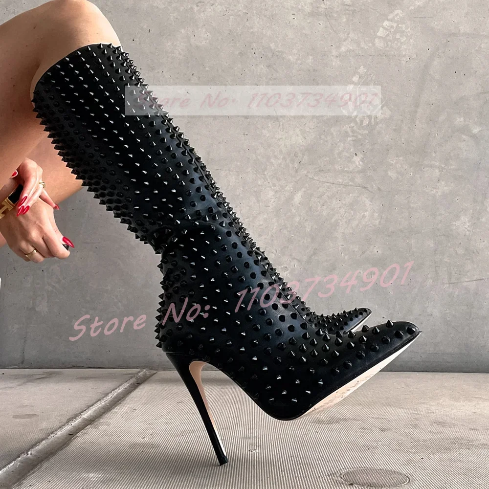 Rivets Pointed Toe Zipper Boots Women Nightclub Punk Thin High Heels Knee Length Boots Ladies Sexy Fashion Big Size Black Shoes