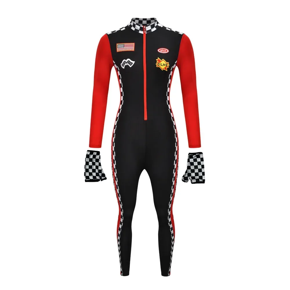 Sexy Lady Race Car Driver Costumes Long Sleeves Racer Girl Uniform with Flags Racing Jumpsuit Cosplay Halloween Costume