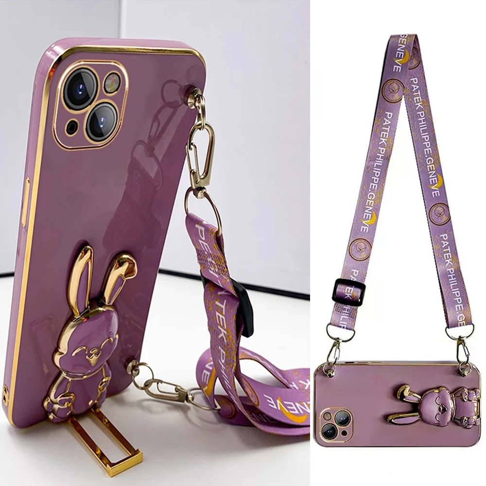 Crossbody Strap Lanyard Rabbit Phone Holder Case For OPPO A16 A15 A32 A52 A72 A54 A74 A53 A73 A91 A92 A96 A31 Stand Cover Shell