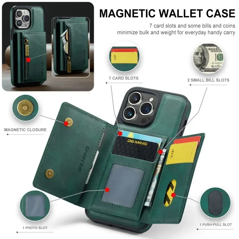 Detachable Magnetic Leather Case for IPhone 16 15 14 13 12 11 Pro Max Plus Zipper Card Slot Wallet Pocket Holder Phone Cover