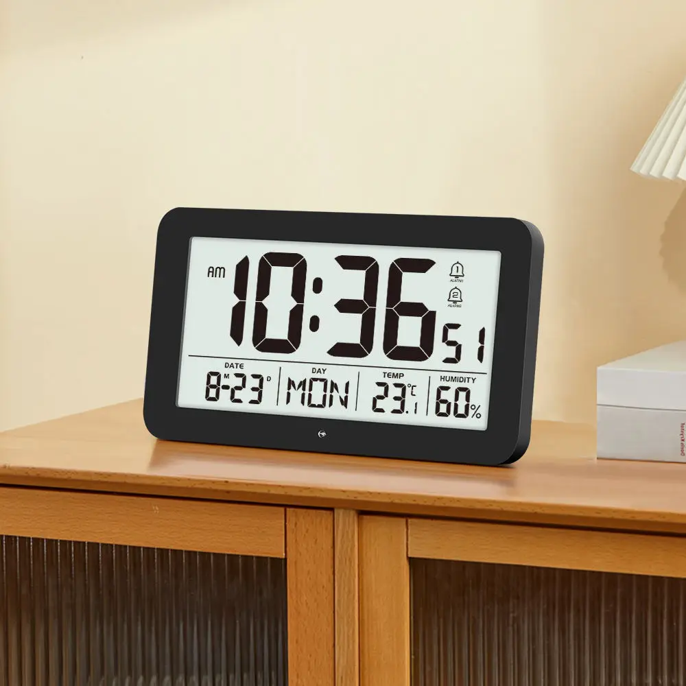 Large Digital Wall Clock 8.5' LCD with Temperature Humidity Calendar Desk Alarm Backlight for Bedroom Office Living Room
