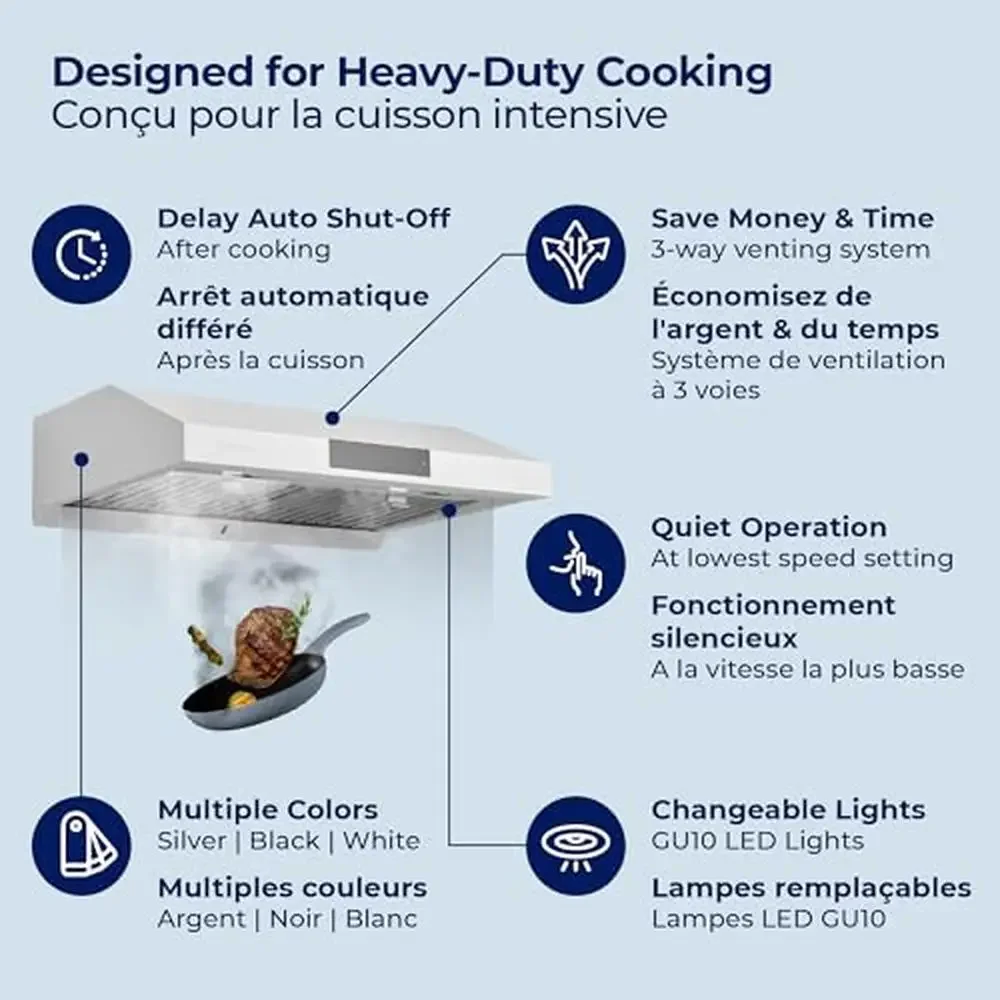 30 Inch Stainless Steel Kitchen Hood Vent Powerful Suction Low-Noise Operation Highly-Customizable Settings Under Cabinet Stove