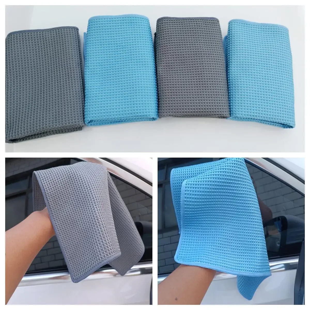 2PC Car Wash Towel Glass Cleaning Water Drying Microfiber Window Clean Wipe Auto Detailing Waffle Weave for Kitchen Bath 40*40cm