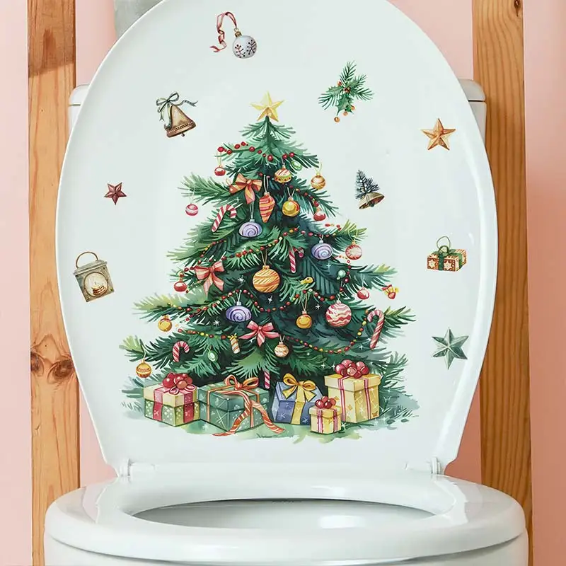 Christmas Tree gift Bell Toilet Lid Decal Waterproof WC Door Sticker Removable Self-Adhesive Decor  Household Stickers S196