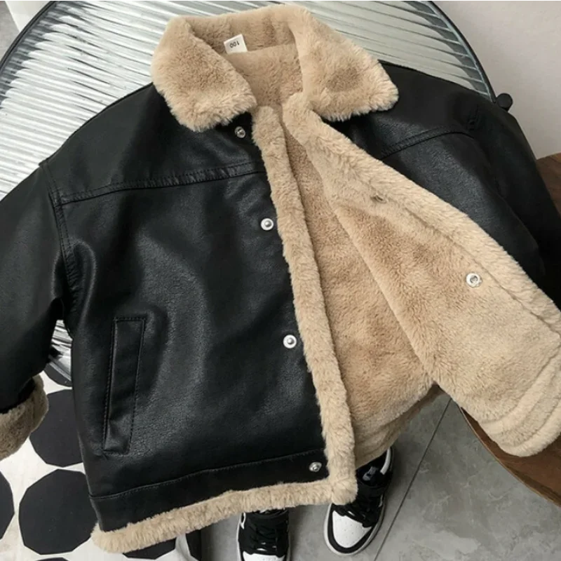 

Kids Autumn and Winter Children's PU Leather Jacket 2026 New Boys' Thick Velvet Motorcycle Jacket Coat 90-150cm