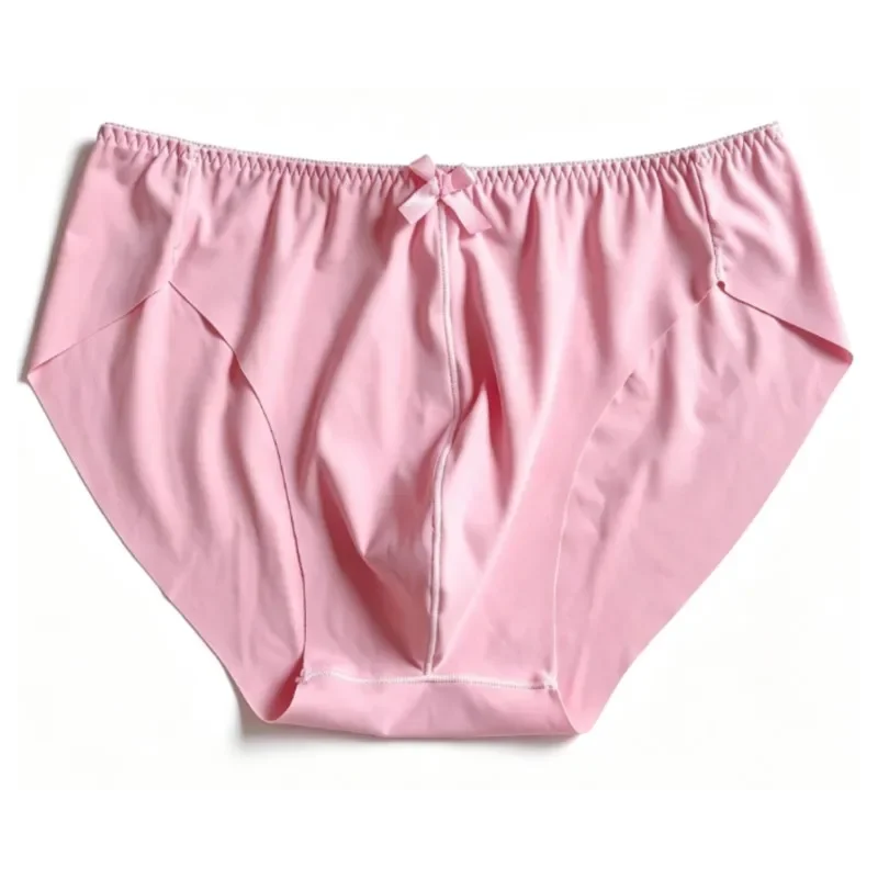 Men's Pink Seamless Sexy Panties Single-Layer Soft Silky Comfortable Large Pouch Bow Cute Briefs Cross-dressing CD Lingerie