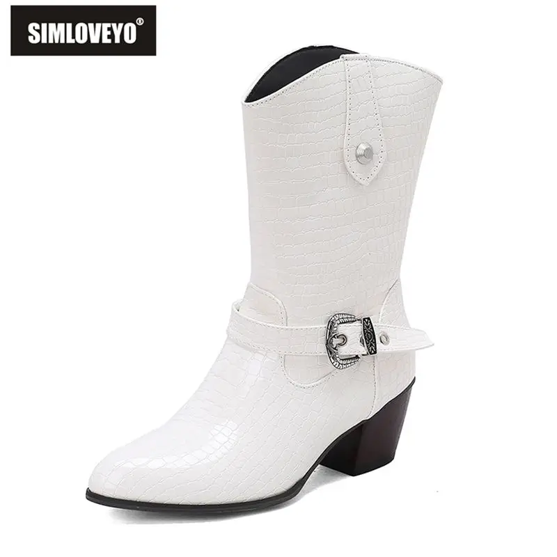 

SIMLOVEYO 2025 Милые женские туфли до середины икры с круглым носком на каблуке 5 см, слипоны с пряжкой на ремне, большой размер 46 47 48, модные туфли для свиданий Bota