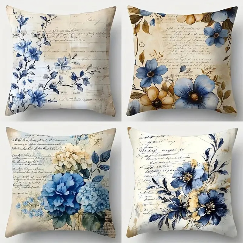 

Vintage Blue Floral Pillowcase - Retro Letter Paper Pattern Cushion for Shabby Chic Home Decor