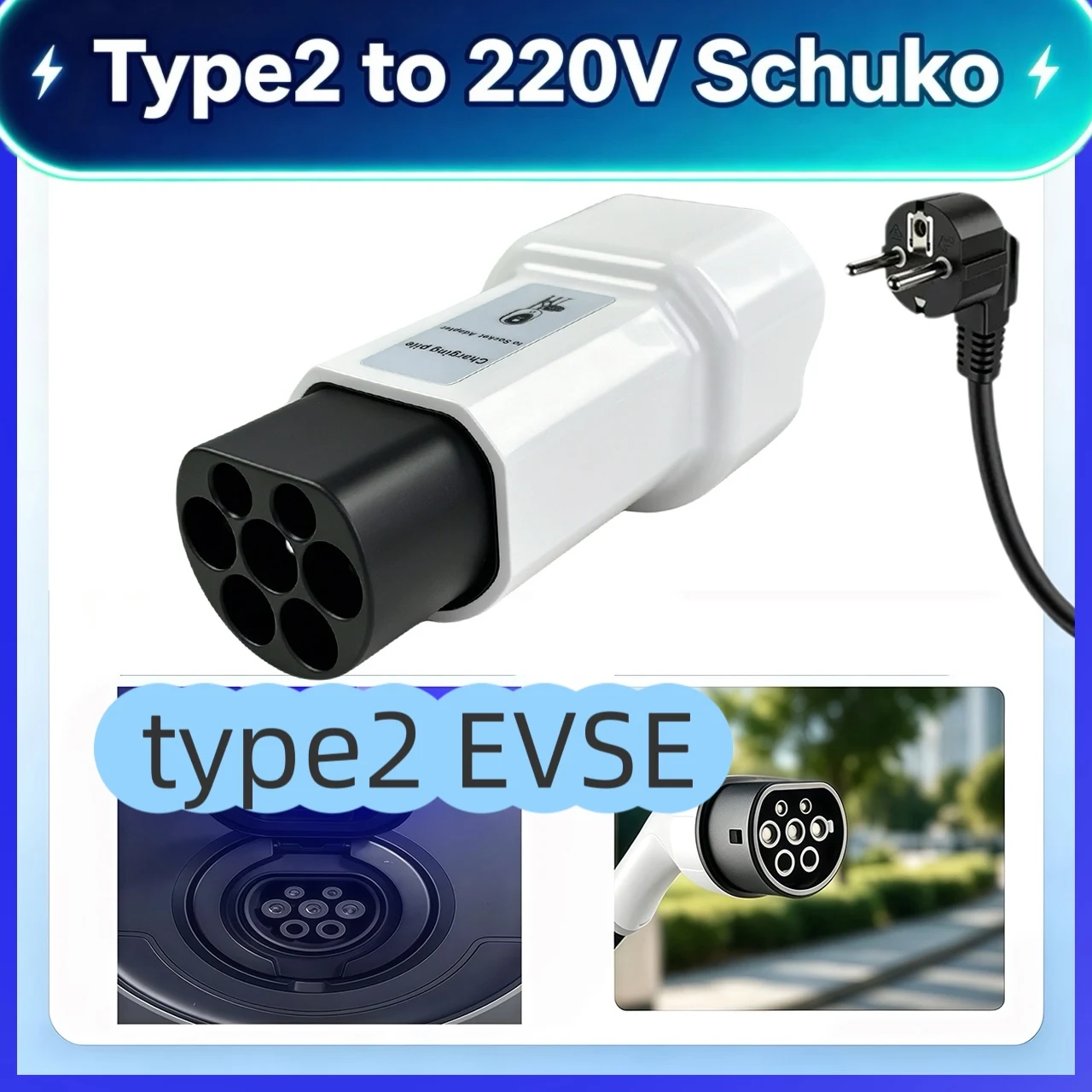 Type2 to 220V Schuko Adapter for Mobile EV Wallbox,Power Take‑off from EU outdoor slow chargers,for Indoor&Outdoor UseRV Camping