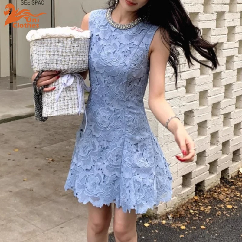UNI Luxe Kristal Kant Formele Jurk Dames Zomer Elegant Kralen Uitgehold Borduren Prom Avondfeest Korte Jurken Blauw
