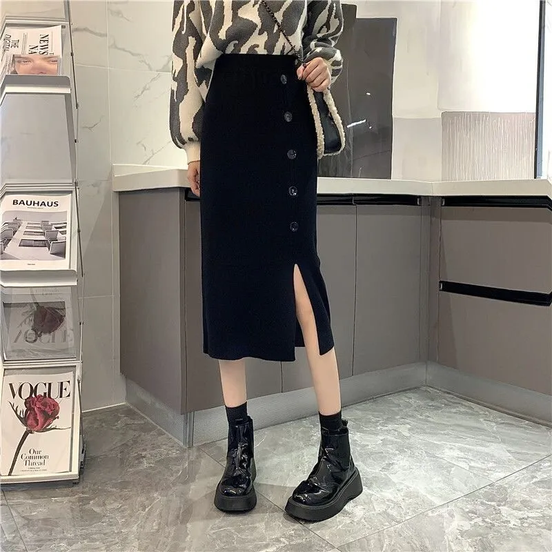 Jupe mi-longue en tricot fendu pour femmes, demi-corps, automne et hiver, jupe trapèze taille haute