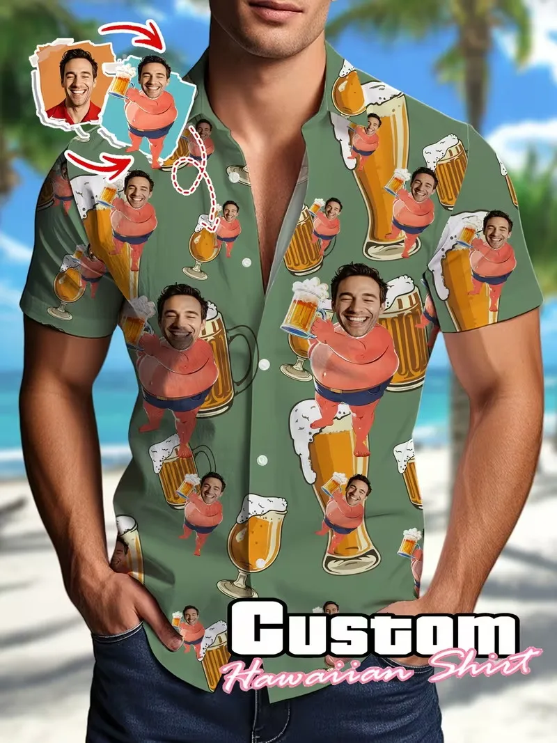 

Custom Face Beer Print Hawaiian Shirts Personalized Photo 'I Love Beer' Short Sleeve Button Down Casual Shirt for Beer Lovers