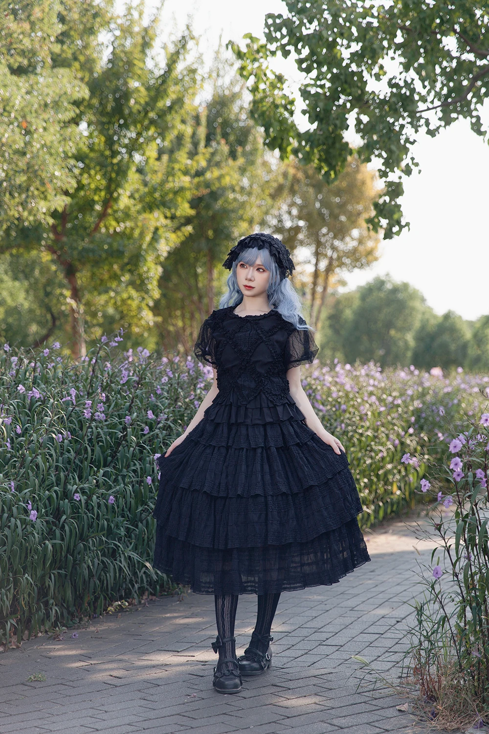 Dark Goth Black Lolita SK Sets Round Neck Short Sleeve Ruffle Plaid Top Elastic High Waist A-line Long Skirt Two-piece Set Women