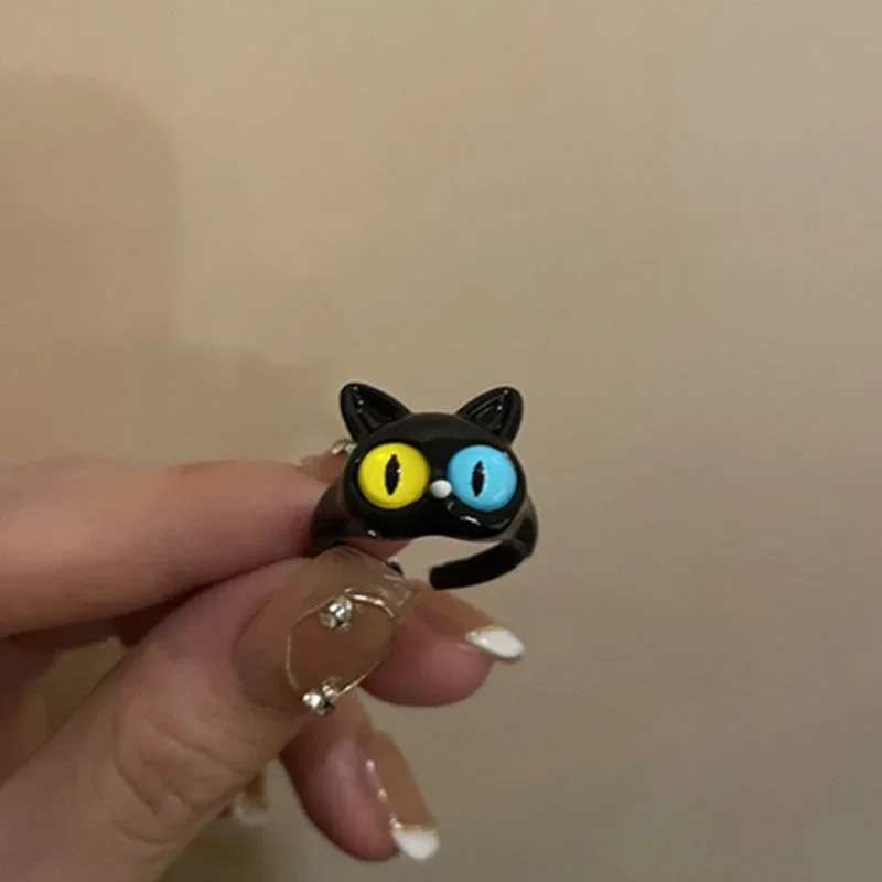 Fashion Personality Black Color Cat Yellow Blue Eyes Opening Rings For Women Party Jewelry Charm Gifts Custom Jewelry