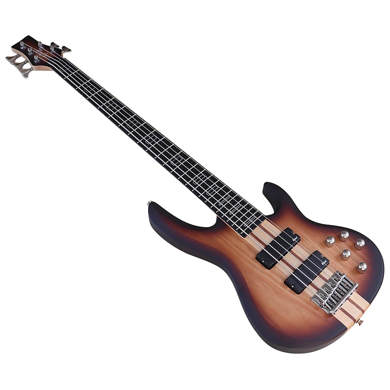 Active Electric Bass Guitar 5 String Neck Through 43 Inch Solid Ashwood Body Maple Neck Red Brown Natural Color High Quality