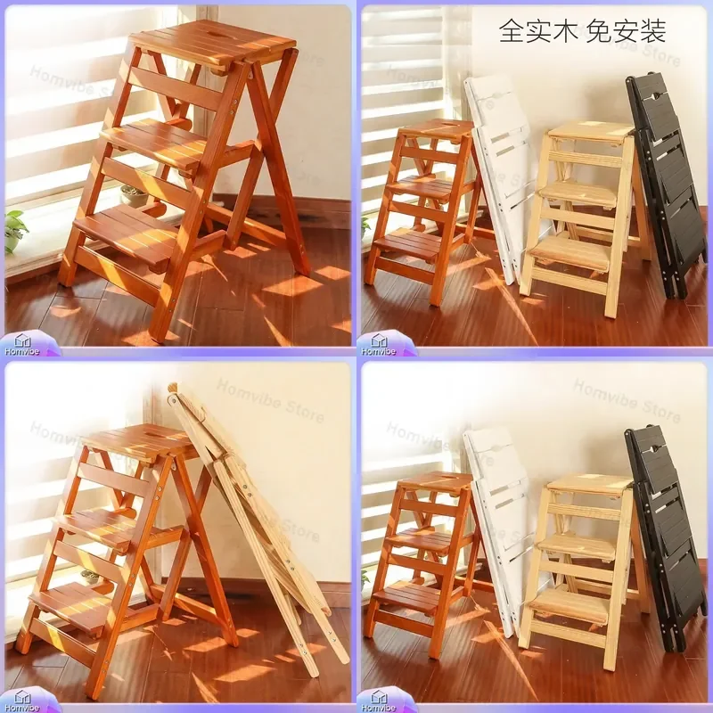 Solid Wood Folding Ladder Stool 3 Step Thickened Household Space Saving Multi Function Indoor Climbing Chair Dual Purpose