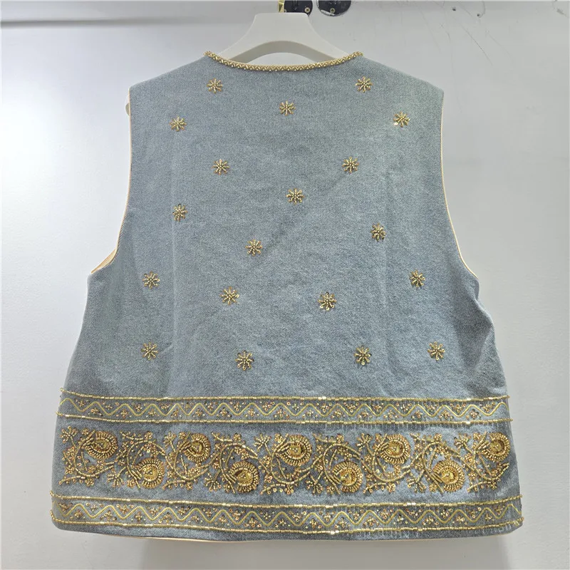 ANJY Spring Summer New Women Elegant Fashion Heavy Embroidered Flares Denim Vest High-End Stylish Casual Trendy Waistcoat A23348