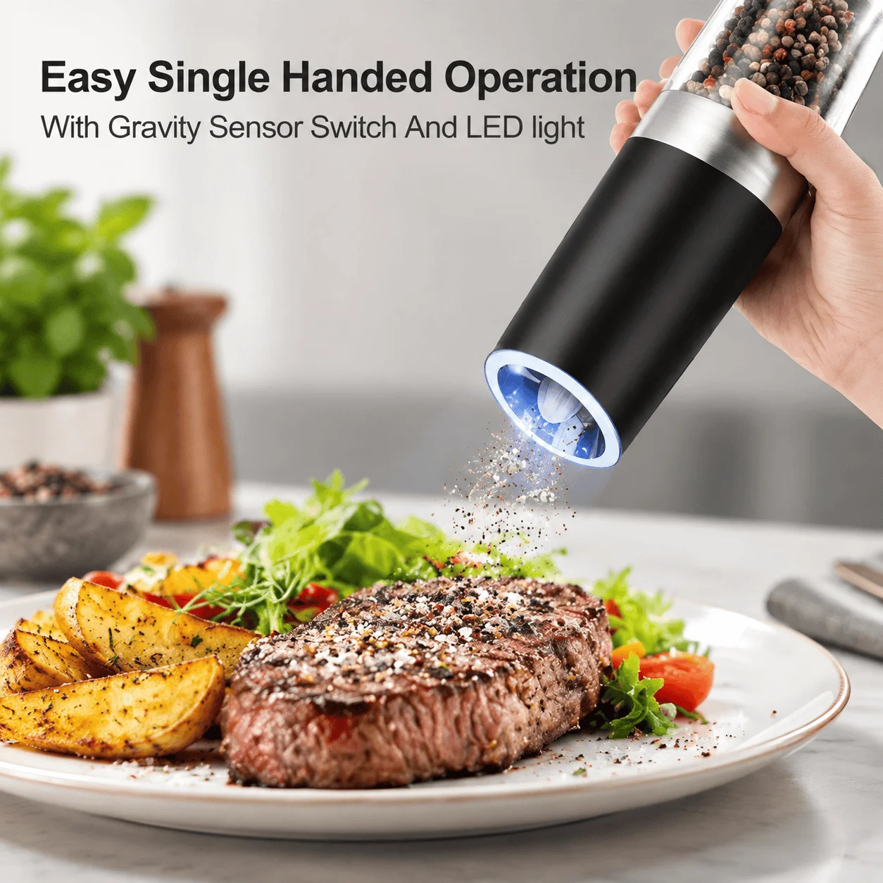 Gravity Electric Salt and Pepper Grinder, Adjustable Ceramic Grinding Core, Blue LED Light, Transparent Chamber, Six AAA Battery Power, for Coarse-to-Fine Seasoning for Kitchen, Restaurant and Picnic Use, Plastic and stainless steel