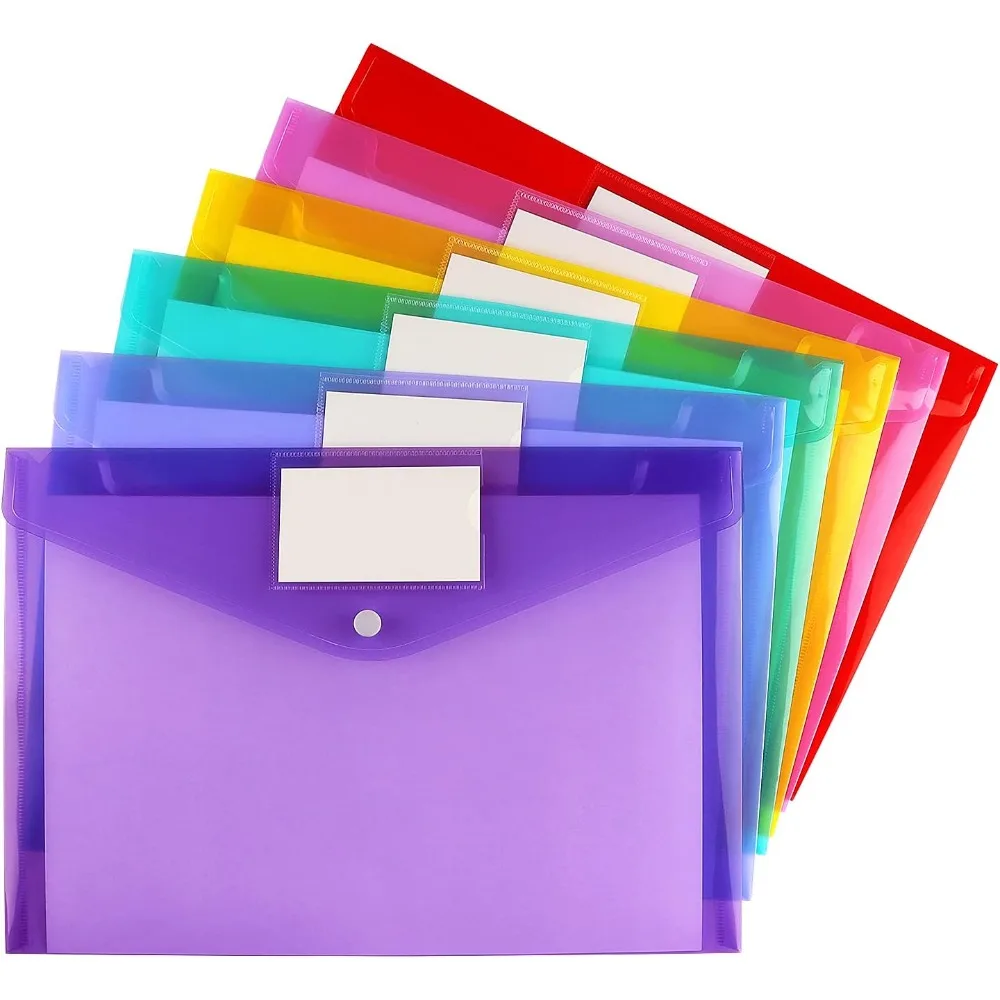 

6 Pack Clear Document Folders Plastic Envelopes Poly Envelopes File Envelopes with Label Pocket and Snap Button for Home Work