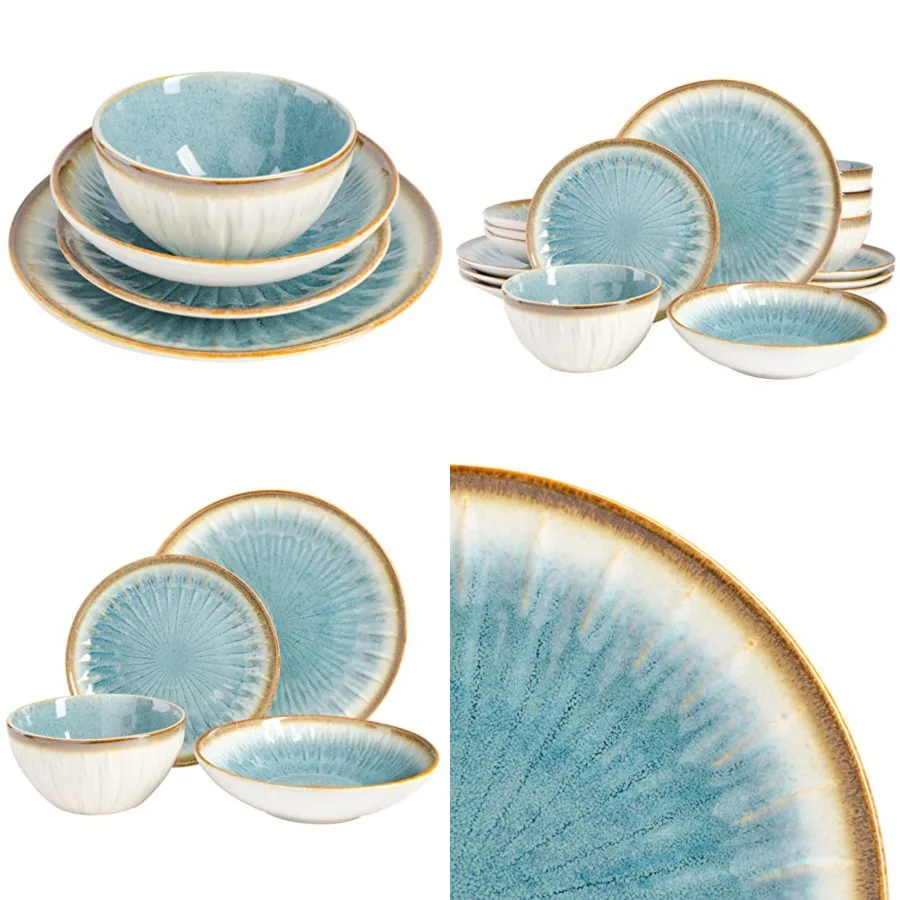 

Mayfair Bay 16-Piece Embossed Double Bowl Dinnerware Set, Service for 4 Blue Stoneware Plates and Bowls