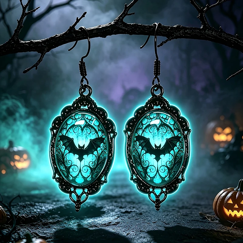Gothic Luminous Bat Crow Glass Dangle Earrings Vintage Black Metal Drop Jewelry For Women Halloween Party Accessory