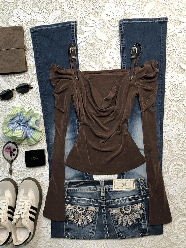 

Original Brown Collar Long Sve T-irt for Girls Gentle Sle Pure Color Slim Fit Daily Wear Cotton Blend Chinese Brand