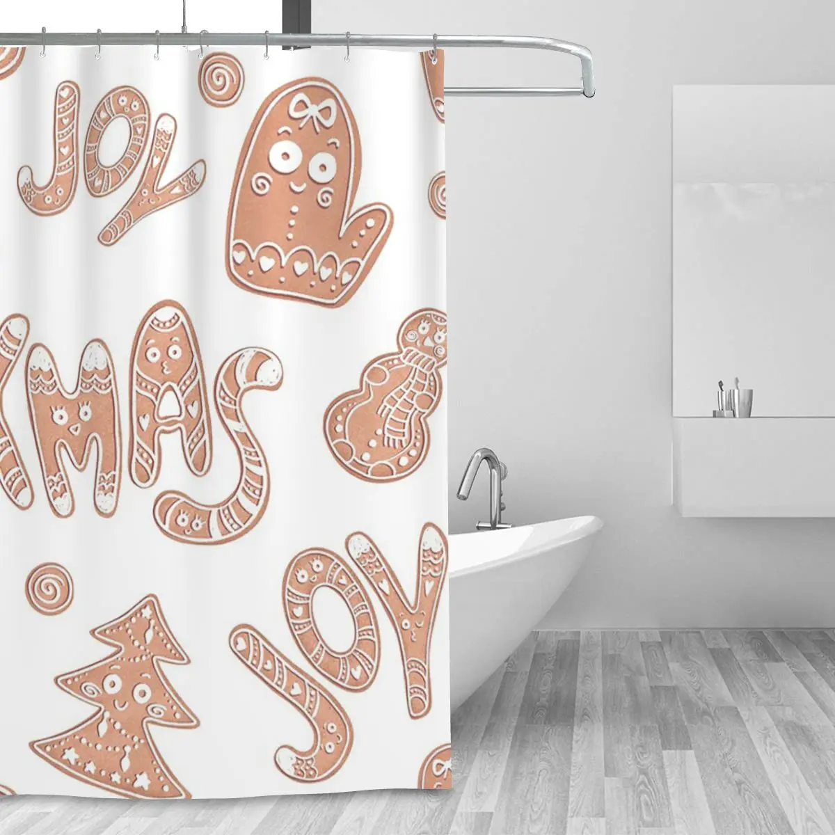 Joy Christmas Gingerbread Cookie Pattern Shower Curtain Bathroom Polyester Waterproof Bath Curtains with Hooks