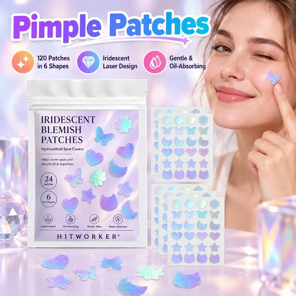 120Pcs Iridescent Hydrocolloid Pimple Patches Butterfly Star Heart Shape Waterproof Acne Spot Cover Blemish Sticker