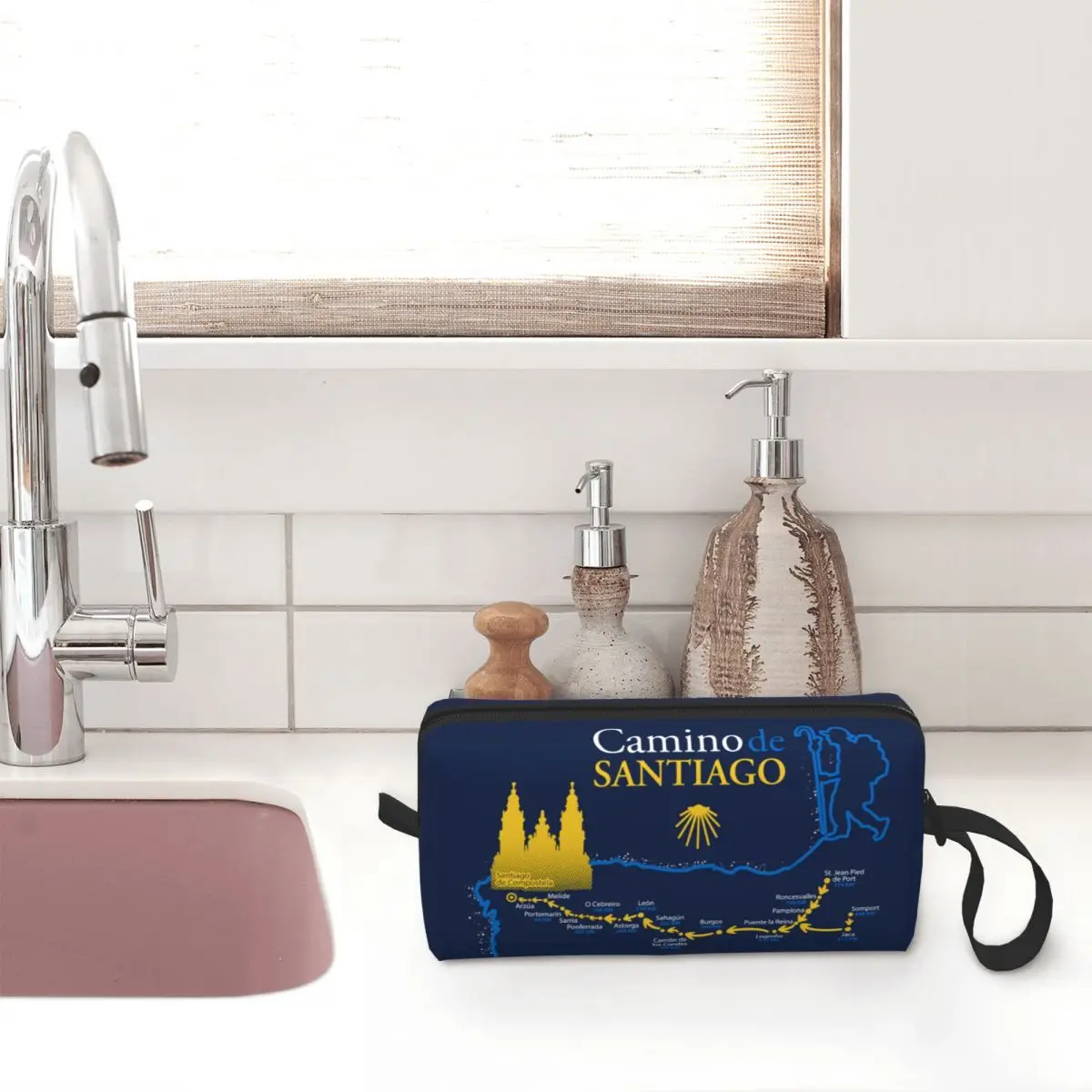 مخصص لطيف كامينو دي سانتياغو خريطة السفر حقيبة أدوات الزينة للنساء حقيبة مستحضرات التجميل تخزين الجمال Dopp عدة