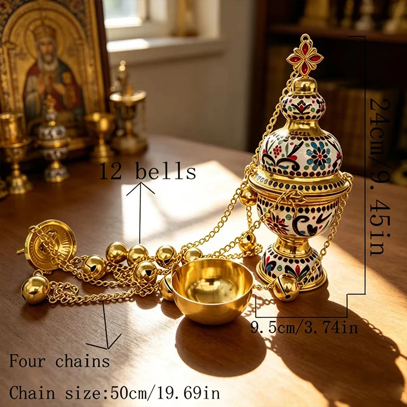 24cm Gold Plated Orthodox Thurible Incense Burner with Colorful Enamel Floral Design & 12 Bells for Priest Liturgy Church Altar
