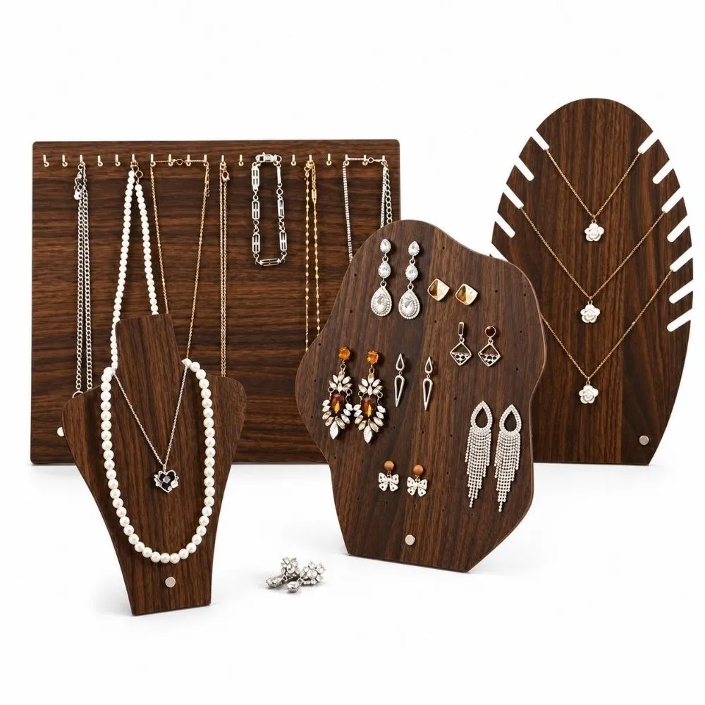Wood Jewelry Display Stand Easel Design Irregular Shape Necklace Storage Rack Walnut Color Necklace Organizer Ornaments Storage