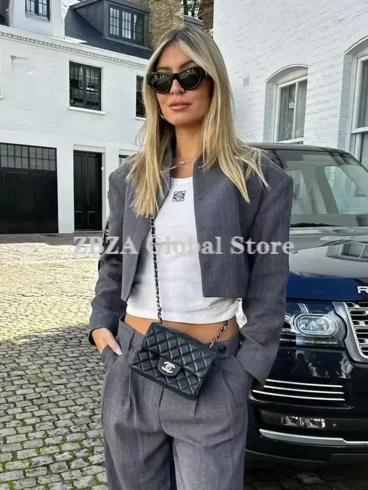 ZBZA Pantaloni Blazer Corti a Righe da Donna Abito Girocollo Manica Lunga Monopetto Giacca Corta Giacca Pieghettata Design Asimmetrico Vita Alta